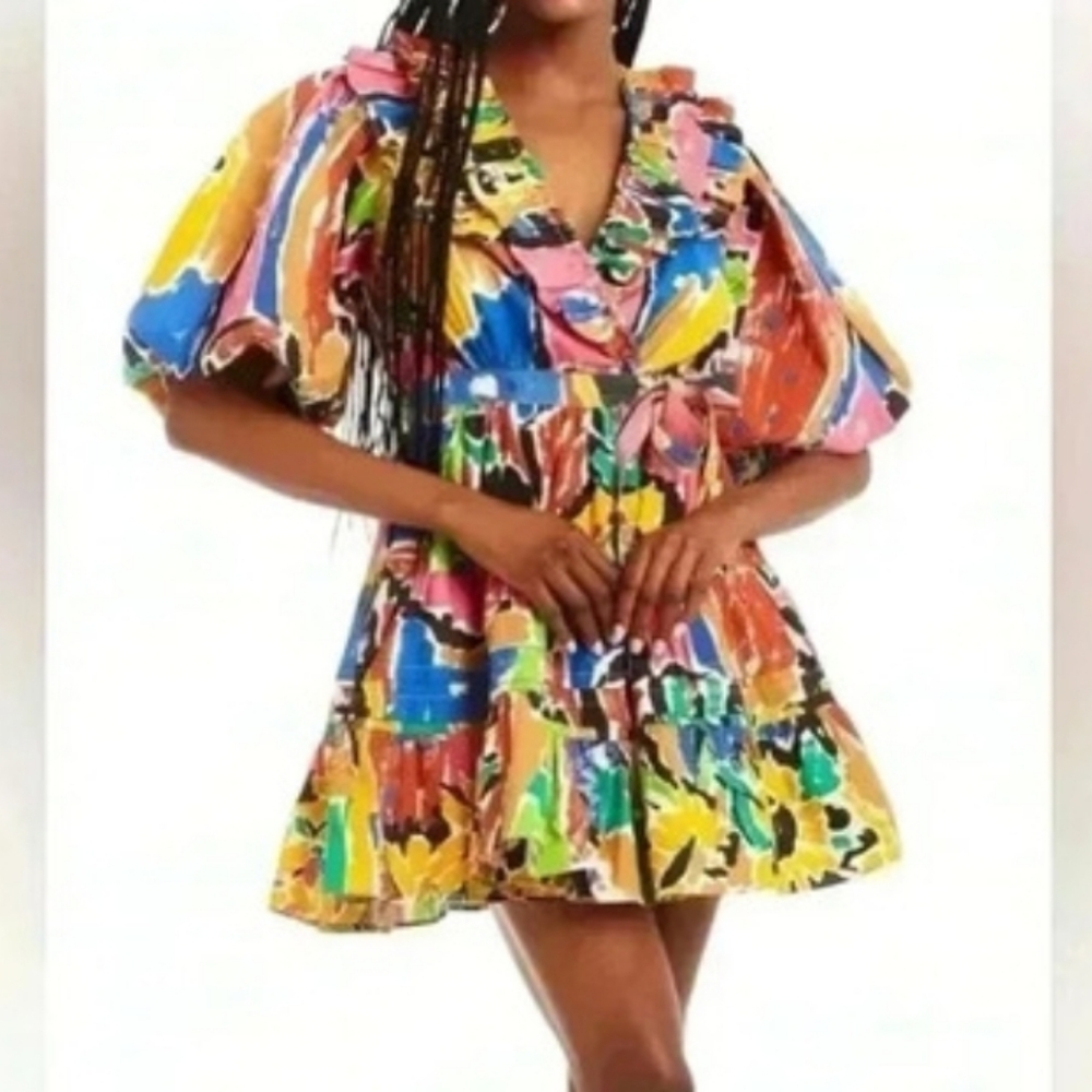 Love The Label Remy Puff Sleeve Tiered Wrap Dress Multicolor Girly XS